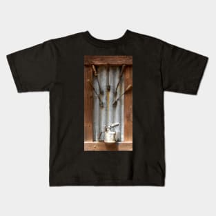 Corrugated Iron, Blow torch and Tools in wooden frame Kids T-Shirt